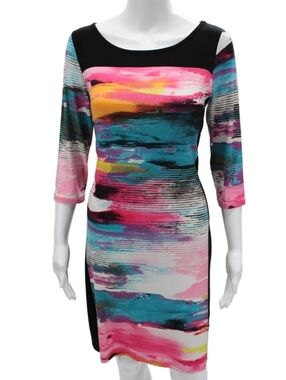 Papillon Blanc Women Bodycon Sheath Dress Black 3/4 Sleeve Graphic Print Size M